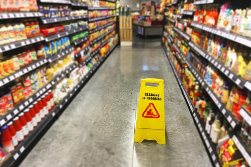 A yellow "Cleaning in Progress" sign stands in the middle of an aisle in a grocery store with shelves stocked on both sides.
