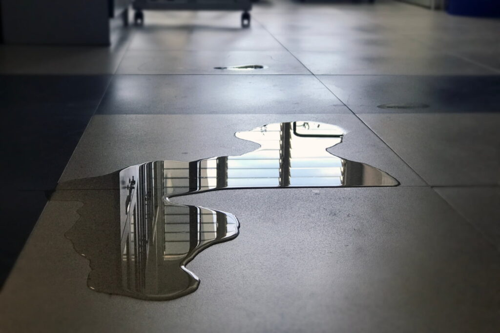 A puddle of water on a tiled floor reflects windows and part of the ceiling in a well-lit indoor space.