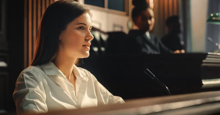 A woman in a white blouse speaks into a microphone while seated in a courtroom, with another person visible in the background.