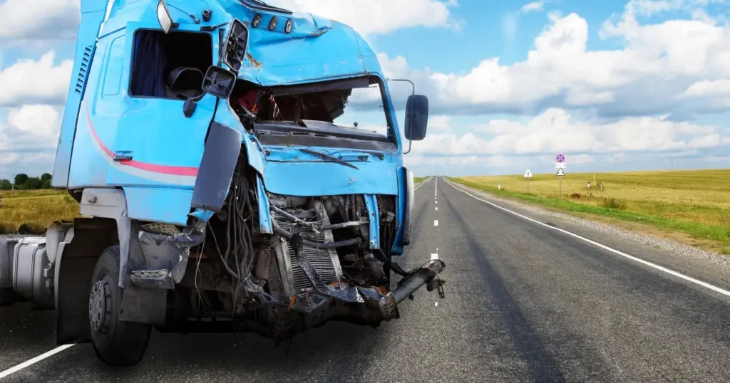 A damaged blue semi-truck with a crushed front end is stopped on the side of an empty rural highway under a partly cloudy sky.