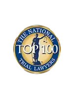 A round badge with “The National Trial Lawyers Top 100” written around a statue holding scales of justice.
