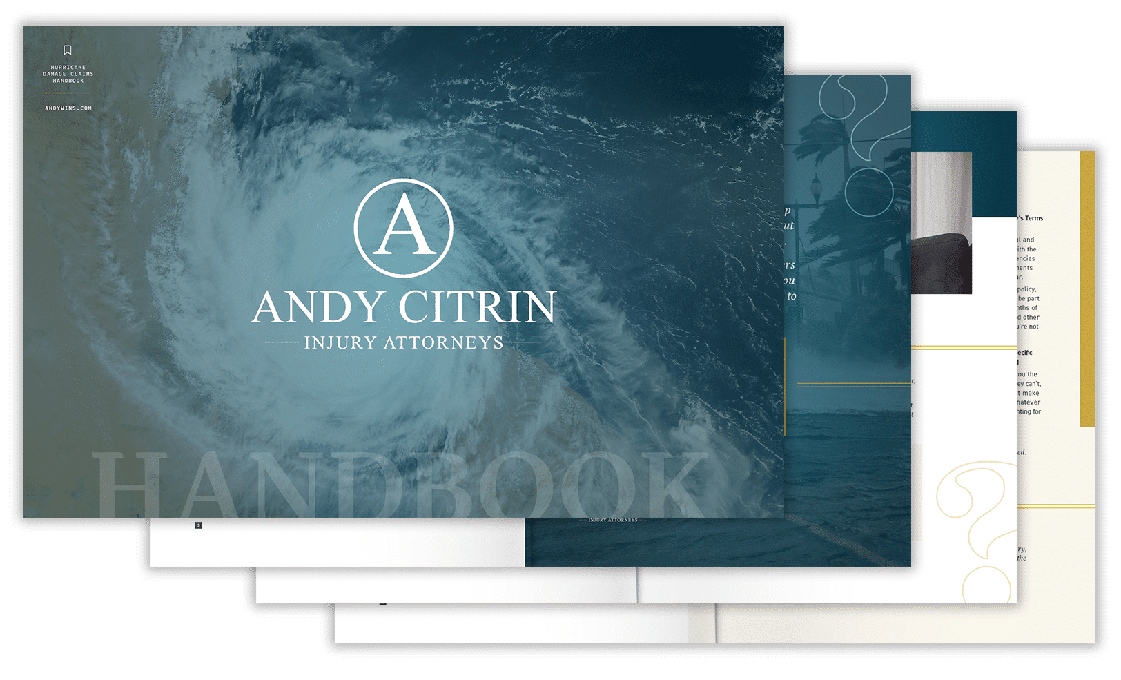 Stack of booklet pages with the cover showing the Andy Citrin Injury Attorneys logo over an image of a hurricane, and partial views of inside pages with graphics and text.