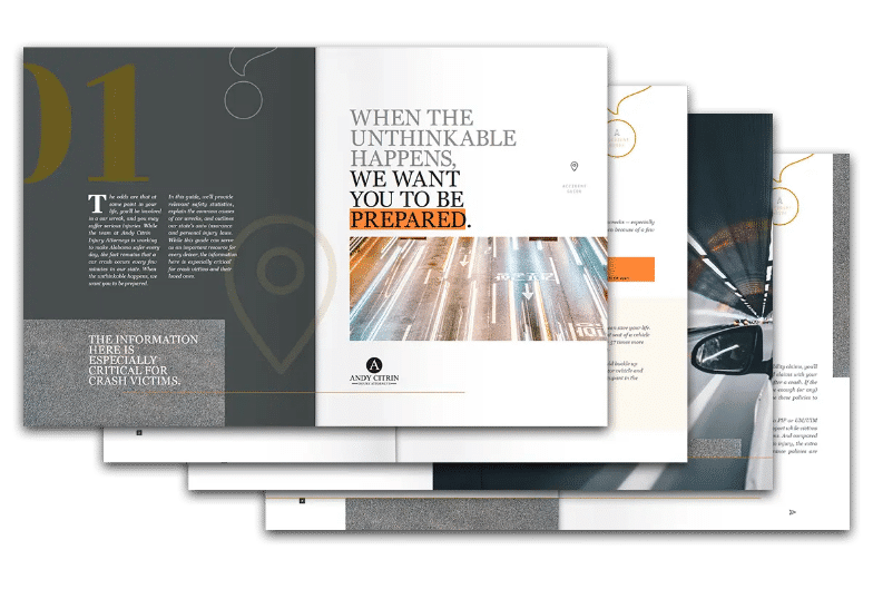 A multi-page brochure with a cover reading "When the unthinkable happens, we want you to be prepared," featuring text and images of roads and cars.