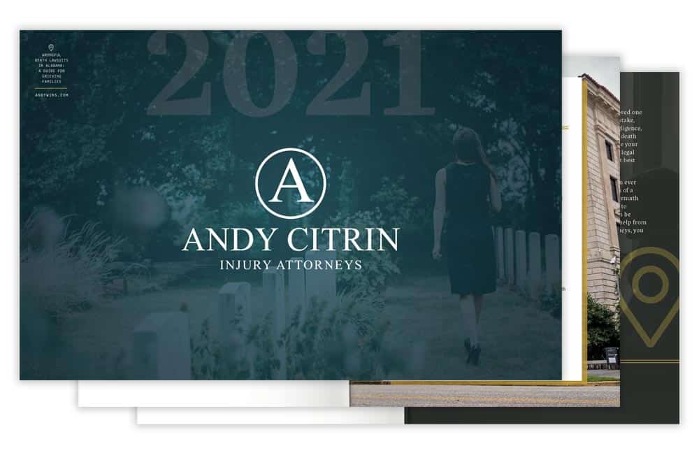 A promotional graphic for Andy Citrin Injury Attorneys shows a woman walking in a cemetery, with the firm's logo and contact information prominently displayed.