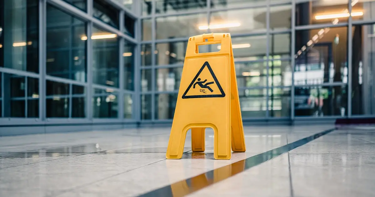 A yellow caution sign with a slipping figure icon is placed on a tiled floor in a modern, glass-walled building lobby.
