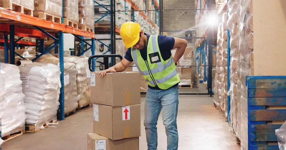 A warehouse worker wearing a safety vest and hard hat holds his lower back in pain while standing next to stacked boxes.