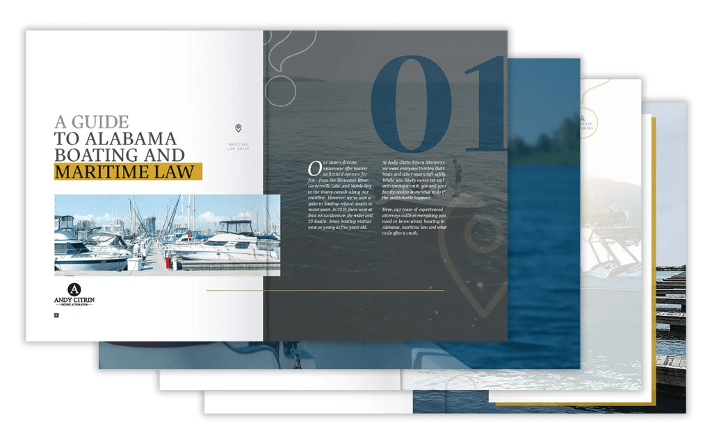 A digital booklet titled "A Guide to Alabama Boating and Maritime Law" with images of boats and law-related graphics on its pages.