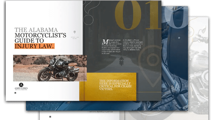 A brochure titled "The Alabama Motorcyclist’s Guide to Injury Law" featuring a motorcycle on a desert road and highlighted text about critical crash information.