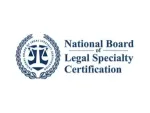 Logo of the National Board of Legal Specialty Certification with a scales of justice symbol inside a laurel wreath, alongside the organization’s name in blue text.