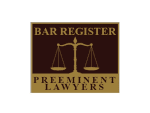 Bar Register Preeminent Lawyers logo featuring a balance scale graphic on a brown and gold background.
