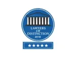 Blue circular "Lawyers of Distinction 2018" badge with a white columned building graphic and a row of five white stars below.