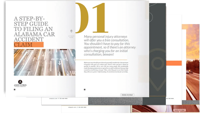 A multi-page digital brochure titled "A Step-By-Step Guide to Filing an Alabama Car Accident Claim" with text and road images visible on the pages.