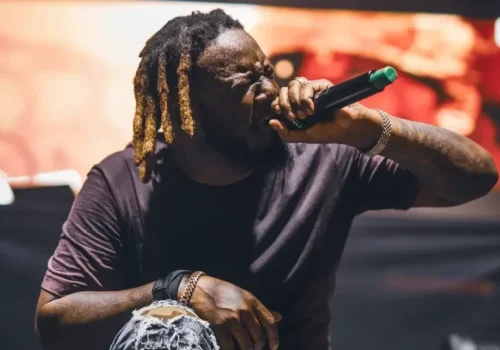 Person with dreadlocks sings into a microphone on stage, wearing a dark t-shirt and bracelets, with a blurred background.