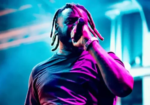 A person with dreadlocks performs on stage under colorful lighting, holding a microphone close to their mouth.