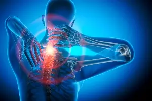 X-ray-type graphic showing neck pain